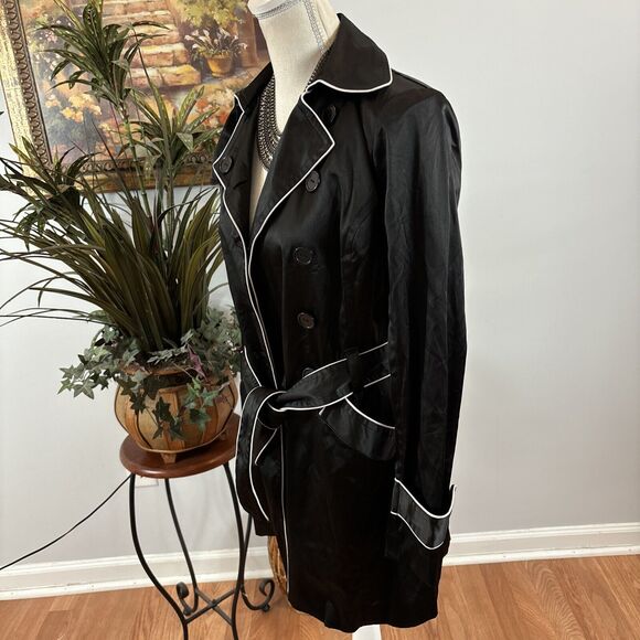 iz Byer California Black Trench Jacket S Padded Shoulder Pockets Button Front - Picture 3 of 14